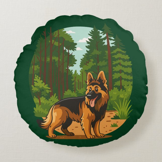 German Shepherd Forest Adventure Dog  Round Pillow (Front)