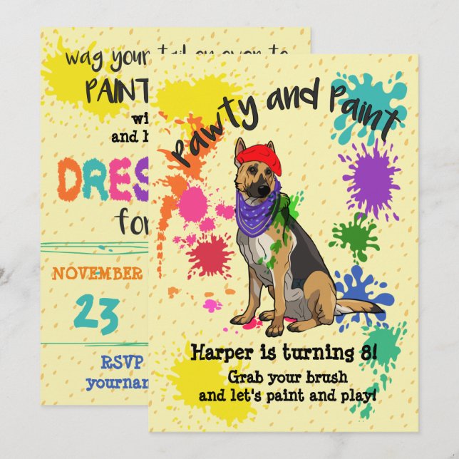 German Shepherd Fun Art Birthday Party Invitation (Front/Back)