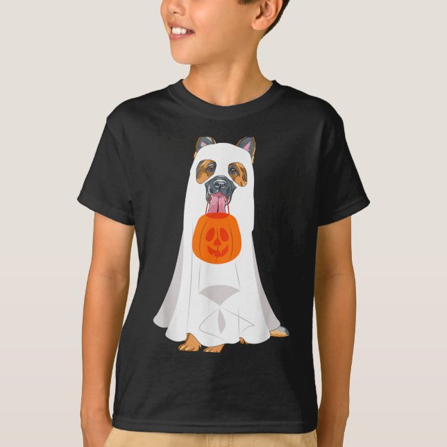 German Shepherd Ghost Pumpkin Halloween Fall Dog T-Shirt (Front)