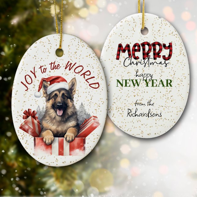 German Shepherd Gift Box Joy to the World Holiday Ceramic Ornament (Creator Uploaded)