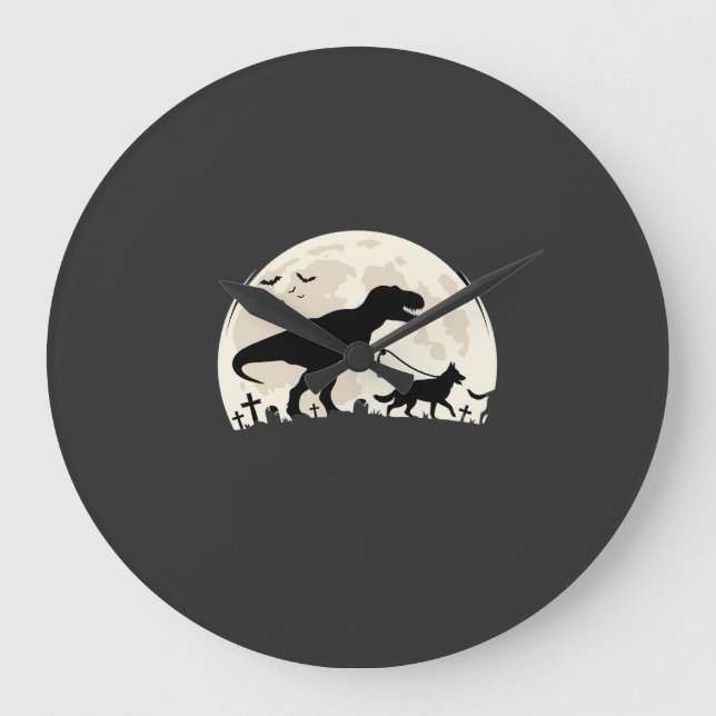 German Shepherd Halloween Dinosaur Moon Silhouette Large Clock (Front)