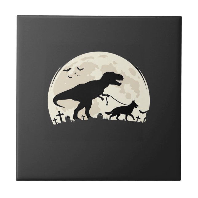 German Shepherd Halloween Dinosaur Moon Silhouette Tile (Front)