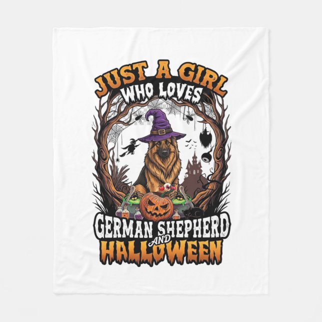 German Shepherd Halloween Dog Witch Hat Pumpkin_1 Fleece Blanket (Front)