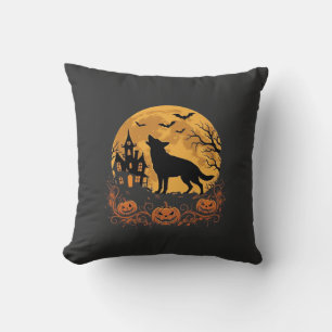 German Shepherd Halloween Moon Pumpkin Design_1 Throw Pillow