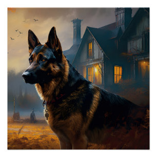 German Shepherd Halloween Scary Poster