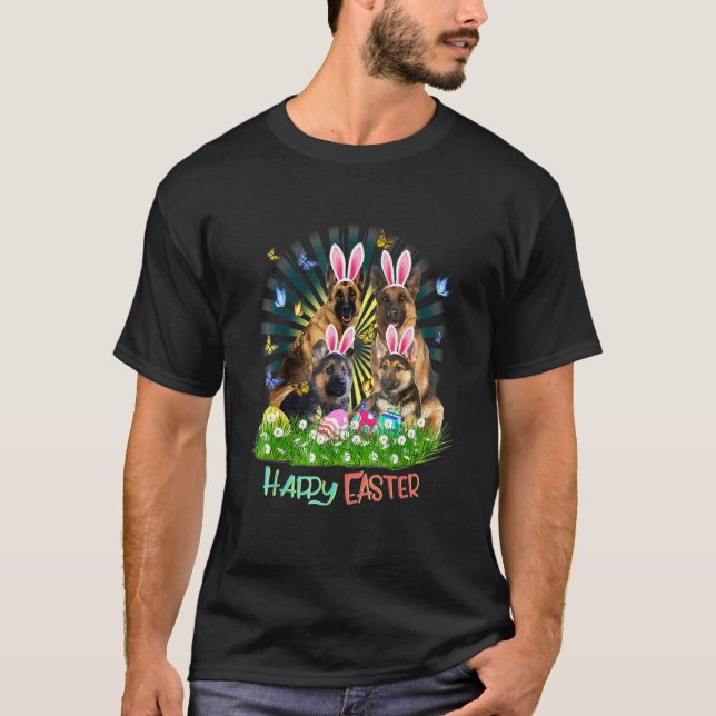 German Shepherd Happy Easter Bunny Eggs T-Shirt (Front)