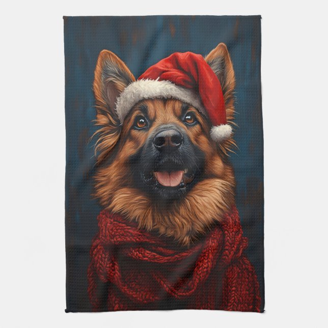 German Shepherd in a Santa Hat Kitchen Towel (Vertical)