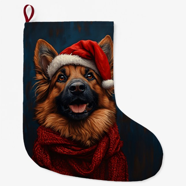 German Shepherd in a Santa Hat Large Christmas Stocking (Front)