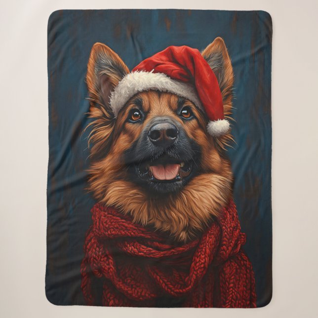 German Shepherd in a Santa Hat Sherpa Blanket (Front)