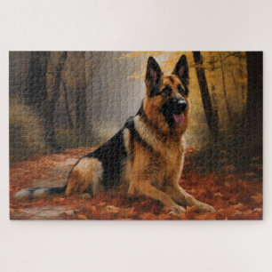 German Shepherd in Autumn Leaves Fall Inspire Jigsaw Puzzle