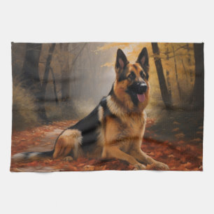 German Shepherd  in Autumn Leaves Fall Inspire  Kitchen Towel