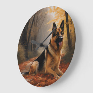 German Shepherd in Autumn Leaves Fall Inspire Large Clock