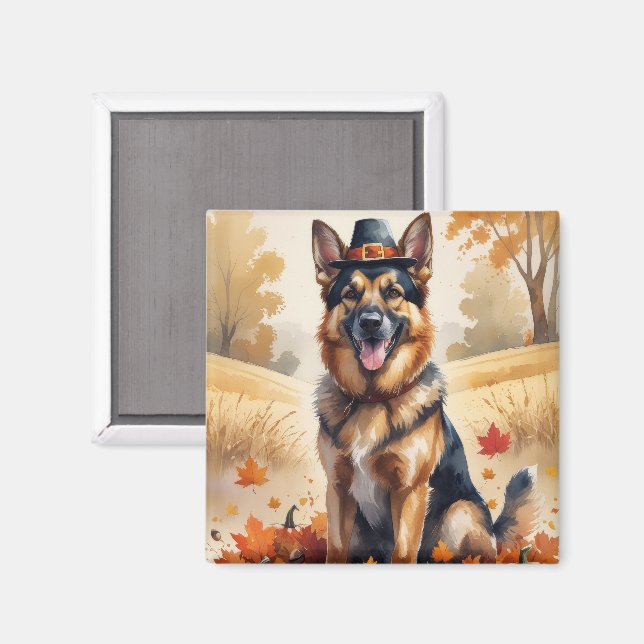 German Shepherd In Autumn Leaves Thanksgiving Art Magnet (Front/Back)