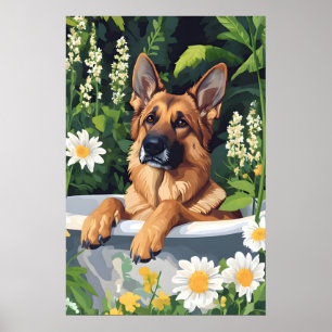 German Shepherd In Bathtub Poster, Funny Dog Poster