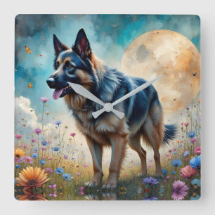 German Shepherd in Floral Field Square Wall Clock