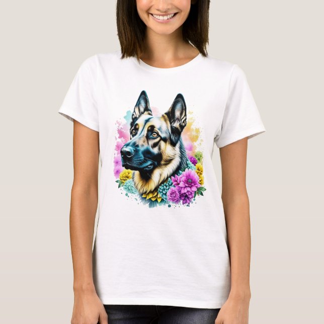German Shepherd in Pink and Yellow Flowers T-Shirt (Front)