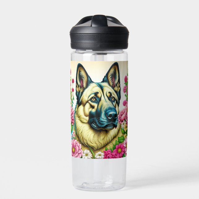 German Shepherd in Pink Flowers Ai Art Water Bottle (Front)