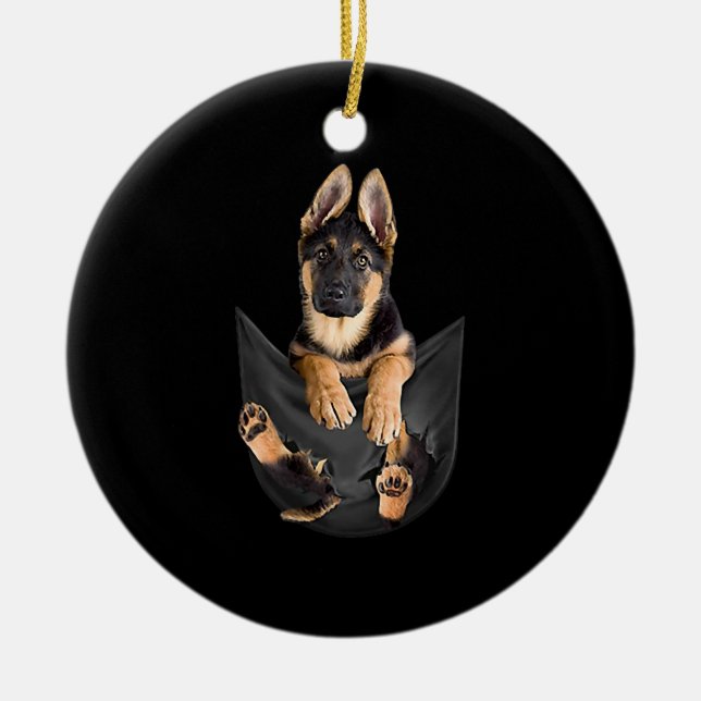 German Shepherd In Pocket T-Shirt Funny Dog Lover Ceramic Ornament (Front)