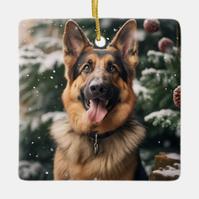 German Shepherd in the Snow Ceramic Ornament (Front)