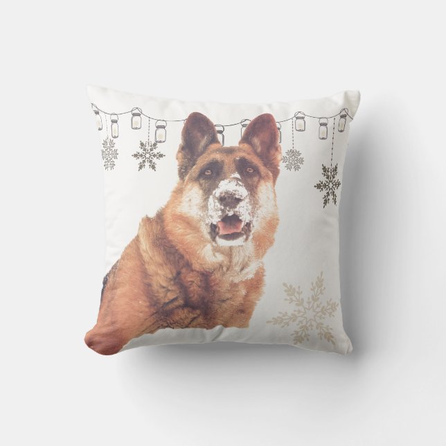 German Shepherd in the Snow Holiday Throw Pillow (Front)