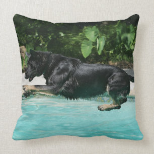German Shepherd Jumping in Water Throw Pillow