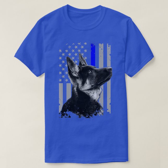 German Shepherd K9 Unit Thin Blue Line Flag Police T-Shirt (Design Front)