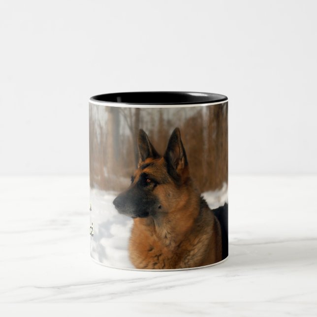 German Shepherd Laying in the Snow Photo Two-Tone Coffee Mug (Center)