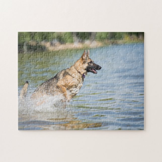 German Shepherd Leaps Into Water Jigsaw Puzzle (Horizontal)
