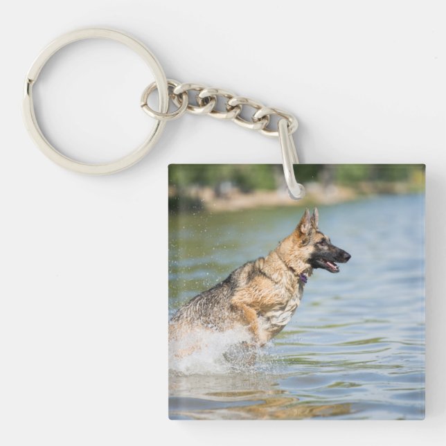German Shepherd Leaps Into Water Keychain (Front)