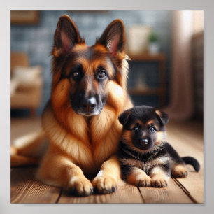 German Shepherd mom and her puppy Poster