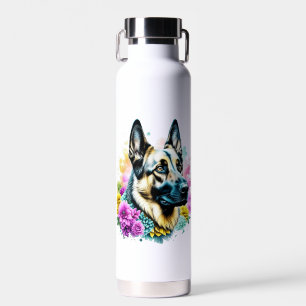 German Shepherd Mom Pink and Yellow Flowers Water Bottle