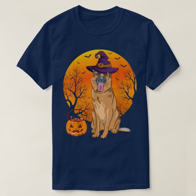 German Shepherd Moon Halloween Witch Hat Dog Owner T-Shirt (Design Front)