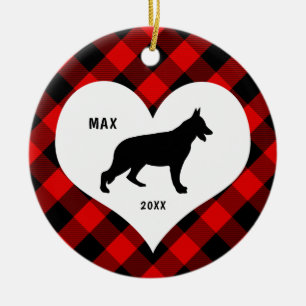 German Shepherd name + date Red Plaid Ceramic Ornament