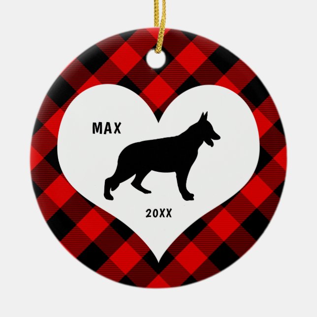 German Shepherd name + date Red Plaid Ceramic Ornament (Front)