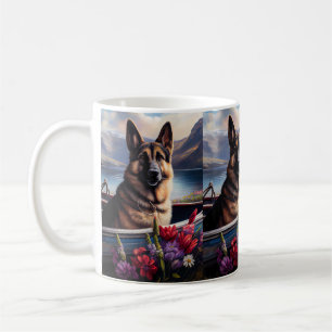 German Shepherd on a Paddle: A Scenic Adventure Coffee Mug