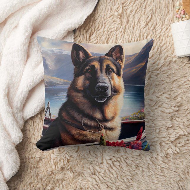 German Shepherd on a Paddle: A Scenic Adventure  Throw Pillow (Blanket)