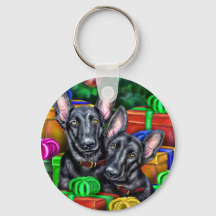 German Shepherd Open Gifts Blk Christmas Keychain