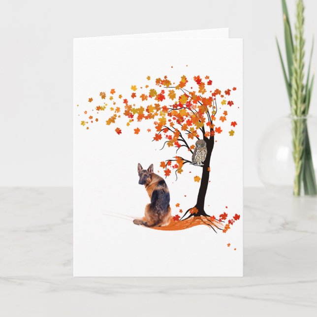 German Shepherd Owl And Fall Tree Dog Owner Autumn Card (Front)