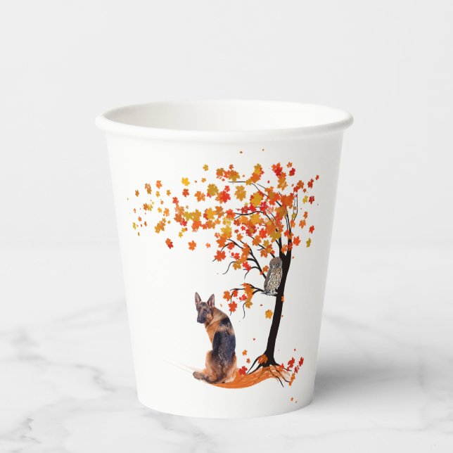 German Shepherd Owl And Fall Tree Dog Owner Autumn Paper Cups (Front)