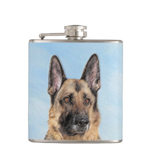 German Shepherd Painting - Cute Original Dog Art Hip Flask