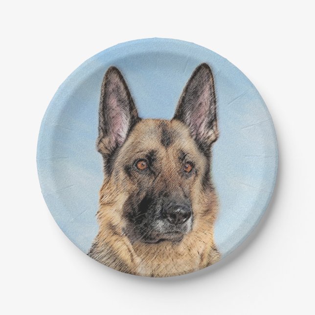 German Shepherd Painting - Cute Original Dog Art Paper Plate (Front)