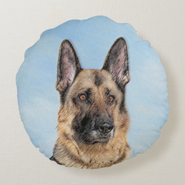 German Shepherd Painting - Cute Original Dog Art Round Pillow (Back)