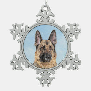 German Shepherd Painting - Cute Original Dog Art Snowflake Pewter Christmas Ornament