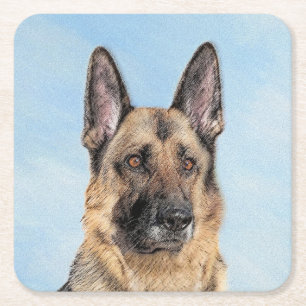 German Shepherd Painting - Cute Original Dog Art Square Paper Coaster