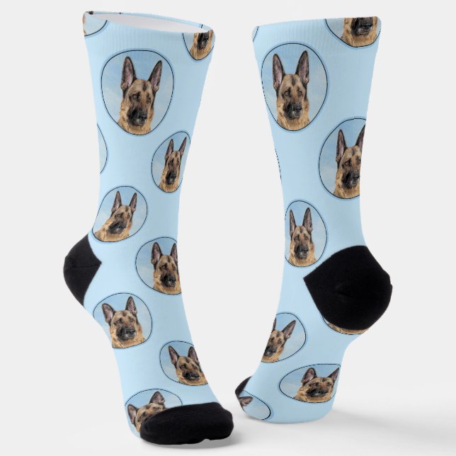 German Shepherd Painting Tan Cute Original Dog Art Socks (Angled)