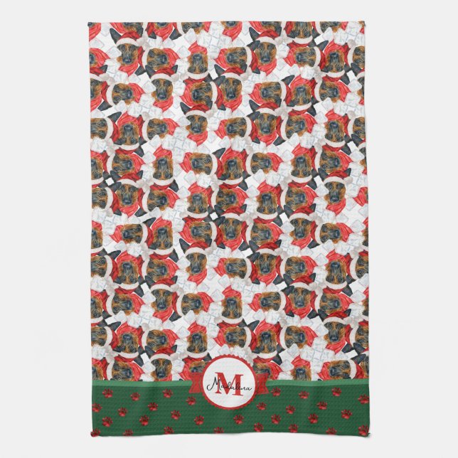 German Shepherd Pattern Monogram Christmas Dog Kitchen Towel (Vertical)