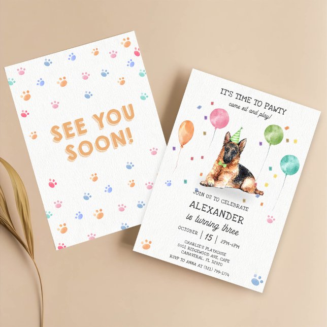 German Shepherd Pawty Puppy Birthday Pink  Invitation (Creator Uploaded)