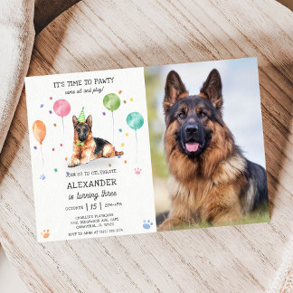 German Shepherd Pawty Puppy Birthday Pink Photo Invitation