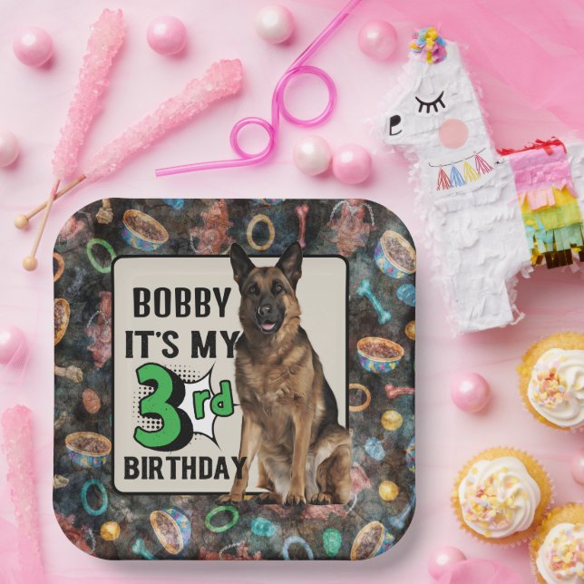 German Shepherd Personalized 3rd birthday party   Paper Plate (Party)