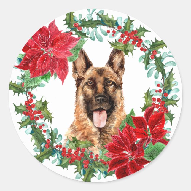 German Shepherd Poinsettia Holly Christmas Wreath Classic Round Sticker (Front)